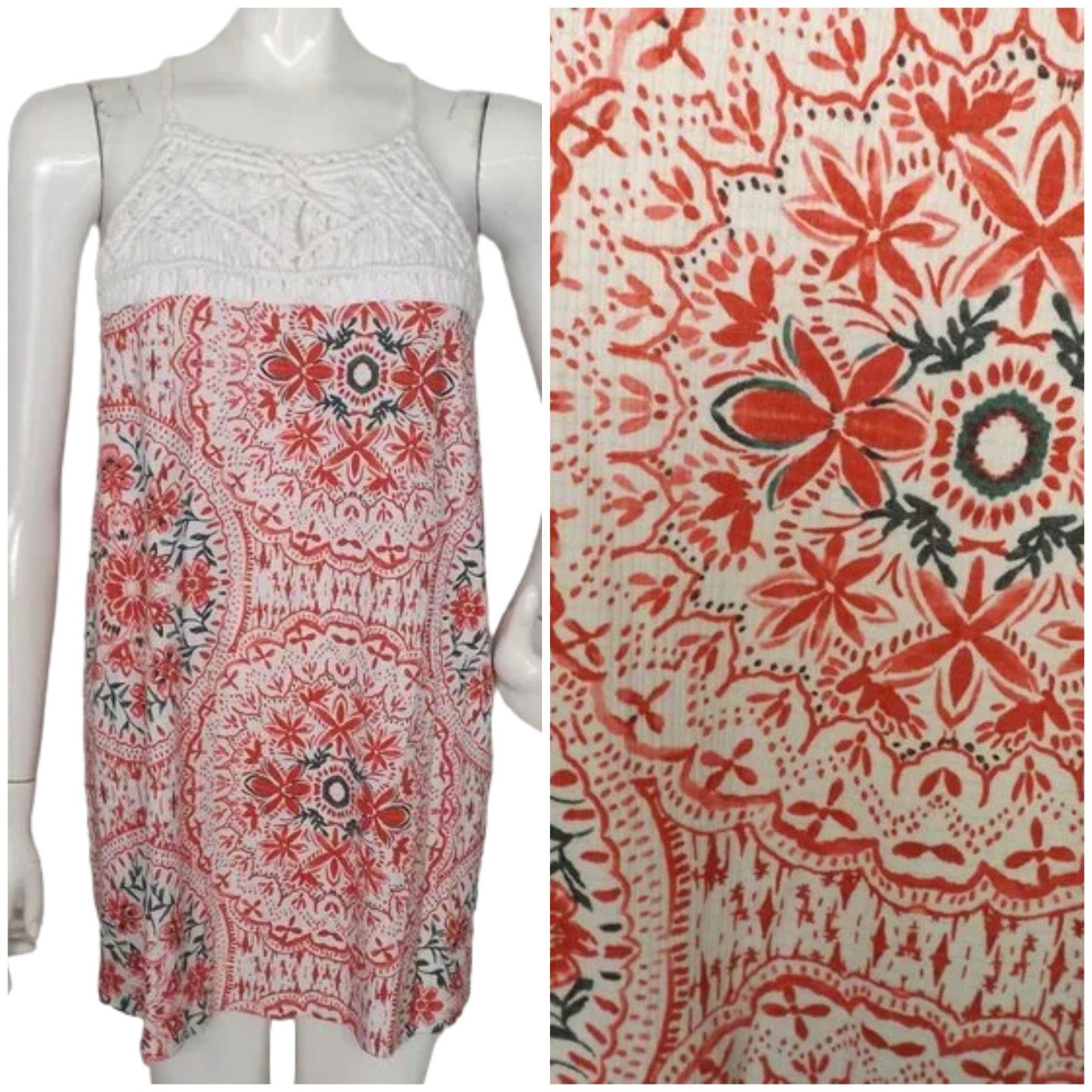 Torrid Top, 2/2x, Macrame Upper, Red/White Mandala Print, High Neck, Keyhole